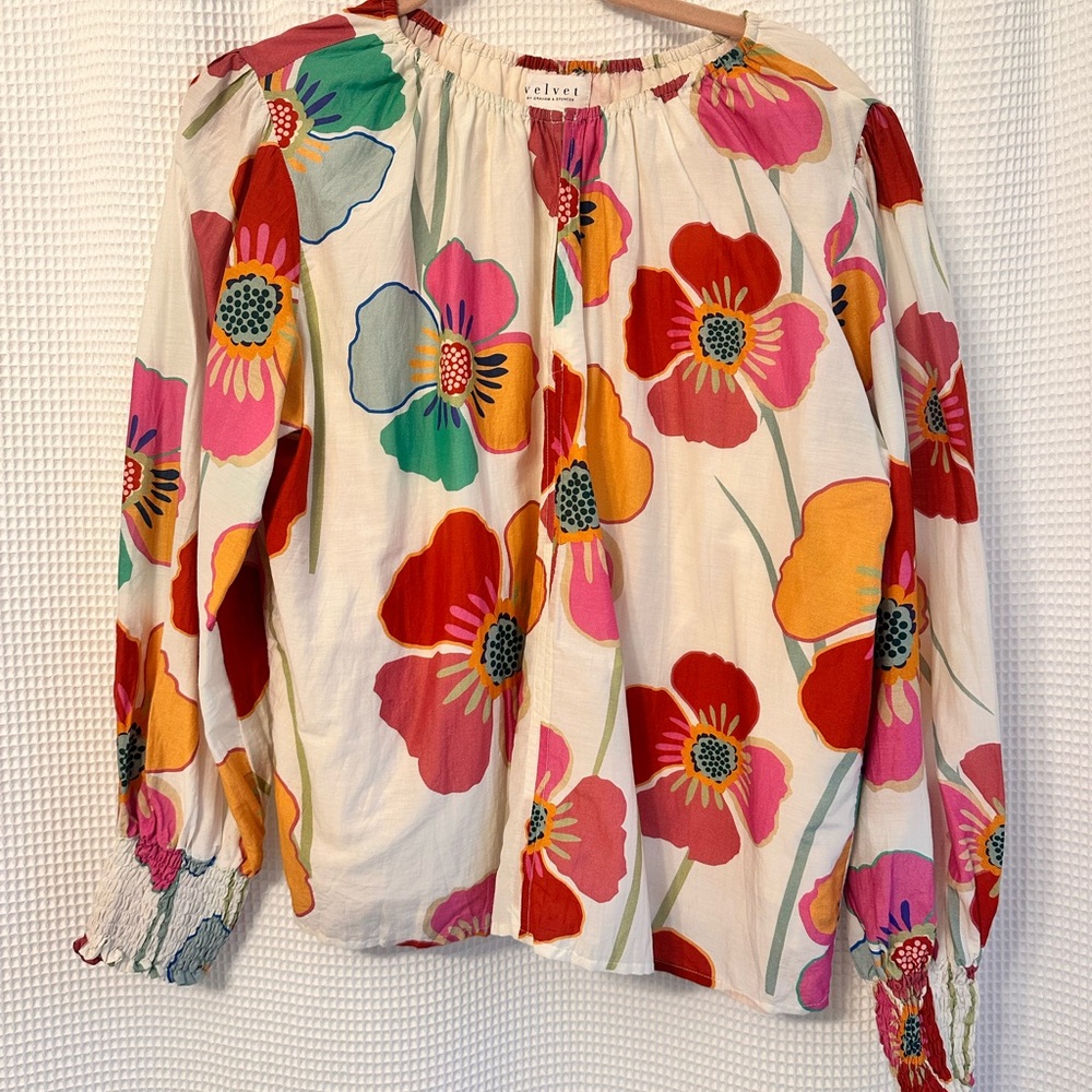 Velvet by Graham & Spencer Cream Floral Peasant Blouse - Red Pink Orange Green